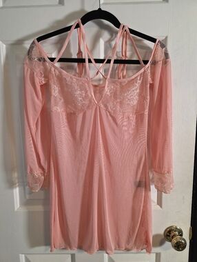 Elegant Moments Cold Shoulder Sheer Pink Lace Chemise with Strap Accent Size L